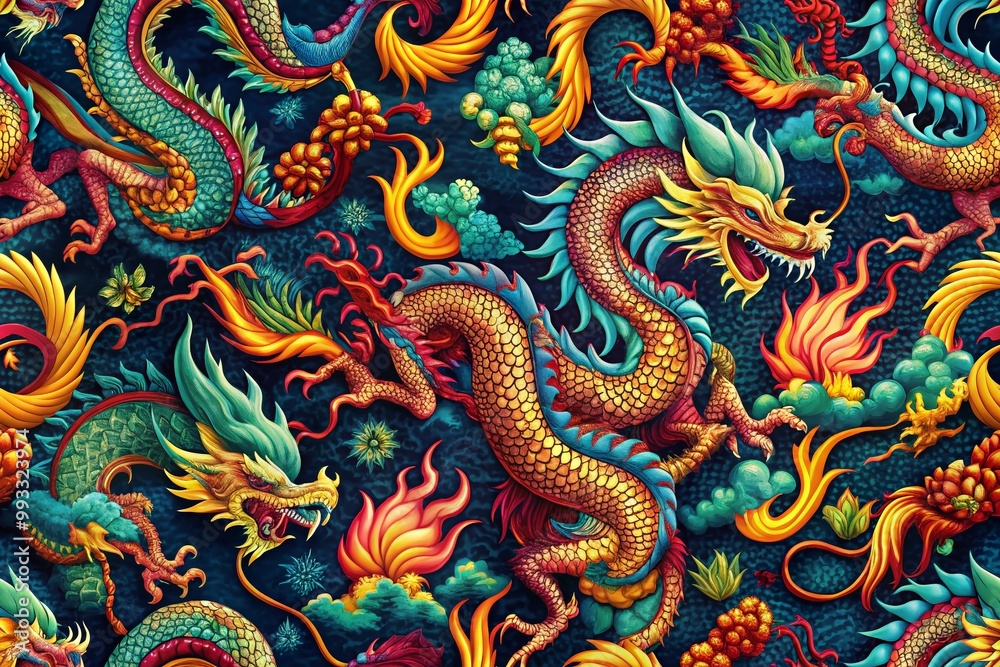 Intricate Dragon Pattern Design for Textile, Wallpaper, or Graphic Art Projects and Creative Use Intricate Dragon Pattern Design for Textile, Wallpaper, or Graphic Art Projects and Creative Use