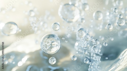 Molecules within liquid bubbles on a watery backdrop representing cosmetic essence for spa and medical skin care rendered in 3D