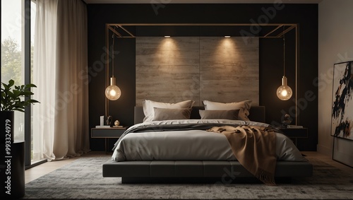 A dark bedroom with a gray bed, warm lighting, and a textured wall.