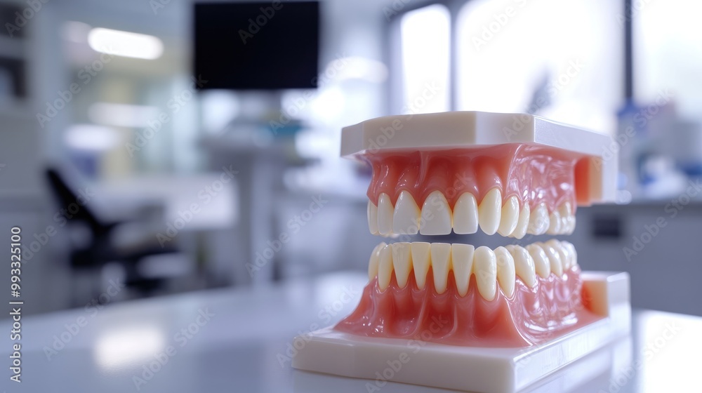 Close up view of a dental model featuring an implant with a blurred background of a dental office Concepts of dental care and treatment Close up view of a dental model featuring an implant with a blurred background of a dental office Concepts of dental care and treatment