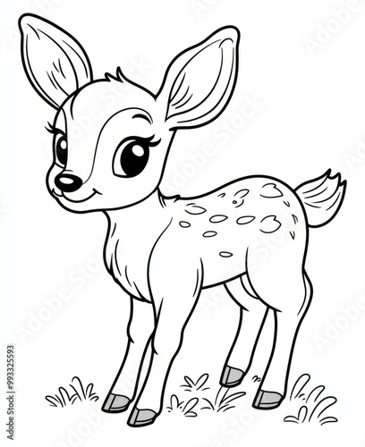 Cute Fawn Drawing - Black and White Illustration