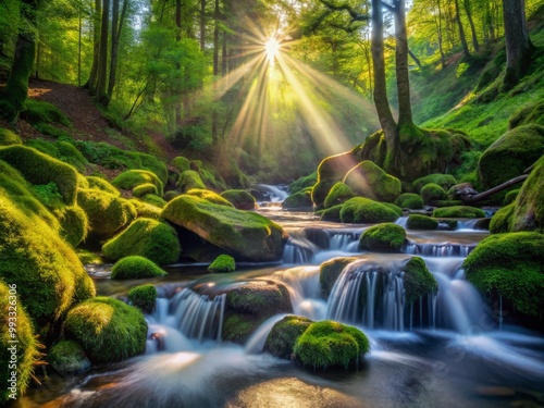 Valley floor teems with life, water cascading over moss-covered boulders, as sunbeams illuminate the forest, casting dappled shadows on the forest floor.