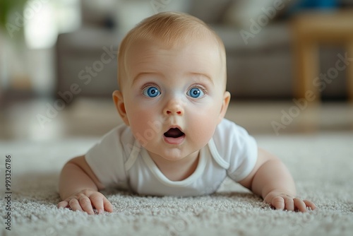 Surprised intrigued infant child baby boy toddler with blue eyes in white bodysuit lies on the floor on his stomach, Generative AI photo