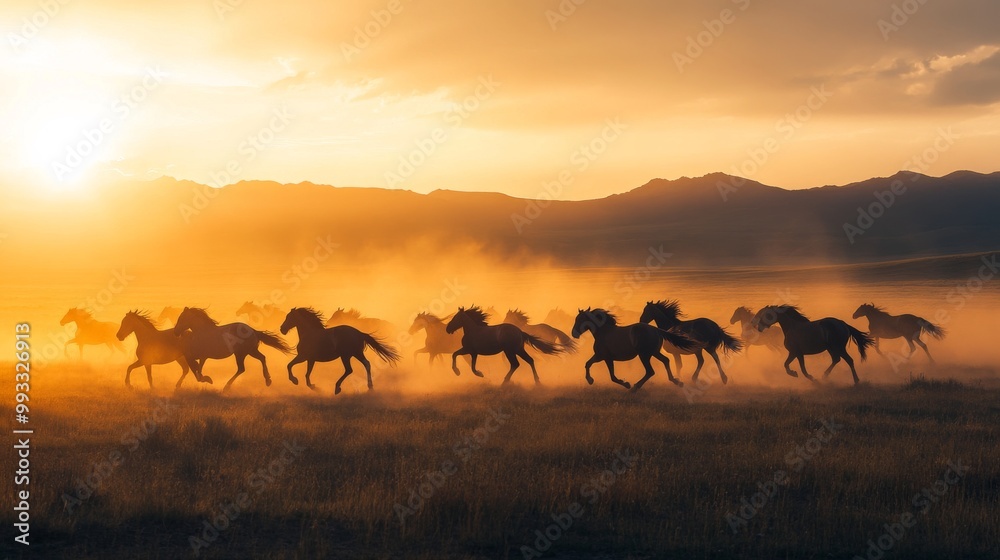herds of horses gallop across the field herds of horses gallop across the field