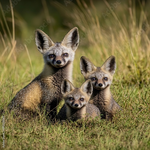 Bat Eared Fox Family on the grassy savannahs of the Masai Mara, Kenya photo