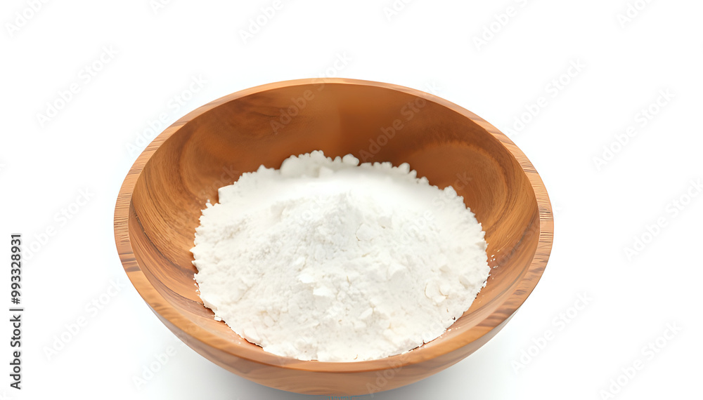 White Powder in a Wooden Bowl on a White Background White Powder in a Wooden Bowl on a White Background