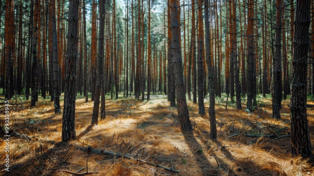 Obraz premium A tranquil pine forest featuring towering trees and a soft forest floor adorned with pine needles.