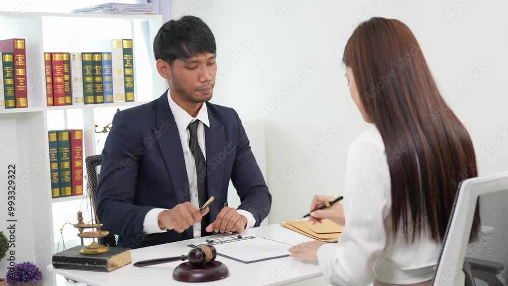 Two male and female lawyers discussing contracts and agreement concepts. Lawyers in consultation with clients Talk about real estate and financial law Two male and female lawyers discussing contracts and agreement concepts. Lawyers in consultation with clients Talk about real estate and financial law