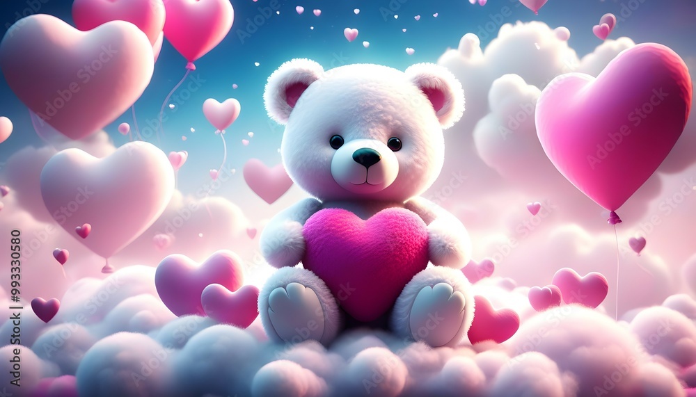 adorable bear with pink heart sitting on a fluffy cloud adorable bear with pink heart sitting on a fluffy cloud