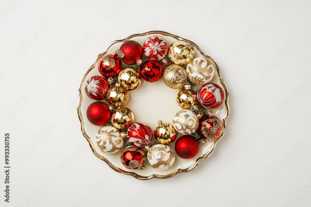 The top view of a pine tree wreath with Christmas decorations and a blank space in the center is isolated on white The top view of a pine tree wreath with Christmas decorations and a blank space in the center is isolated on white