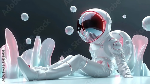 An illustration of a fantasy astronaut clad in a sleek white spacesuit with red detailing, sitting contemplatively amidst turquoise crystal-like rock formations on an alien planet. photo