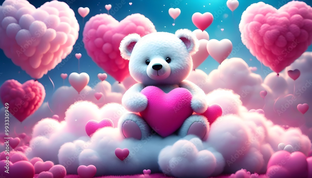 teddy bear holding a pink heart, sitting in a sky full of hearts teddy bear holding a pink heart, sitting in a sky full of hearts