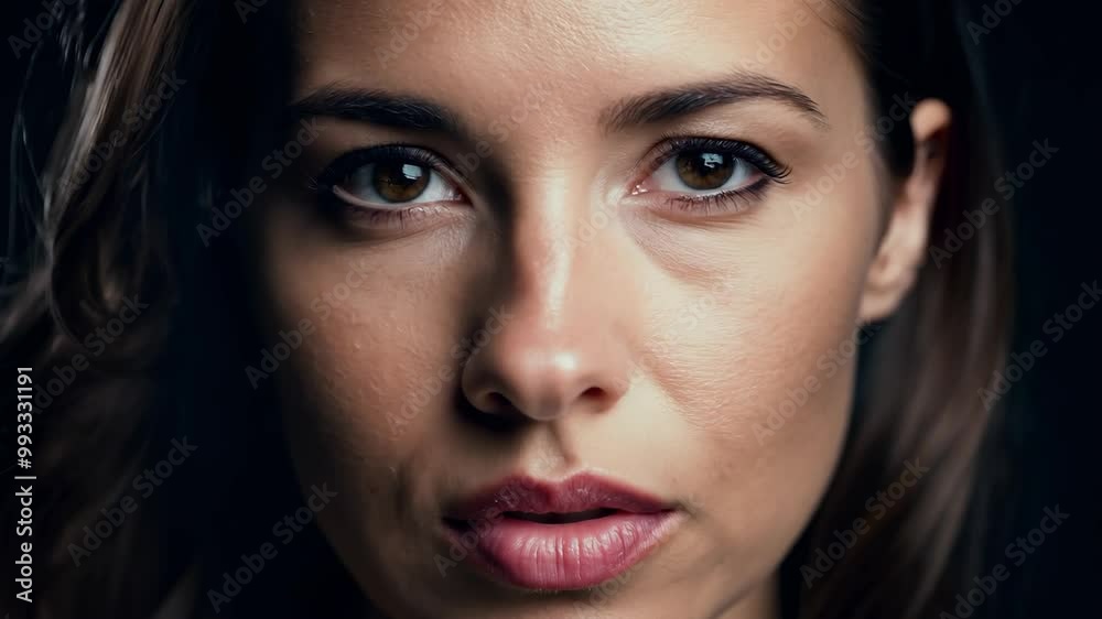 Close-up portrait of woman with intense gaze in dramatic lighting Close-up portrait of woman with intense gaze in dramatic lighting