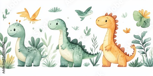 Watercolor cute dino. Dinosaurs Set Isolated on a White Background Hand Drawn Illustration, Baby shower invitation kids birthday jurassic party. cartoon tyrannosaurus, Generative AI