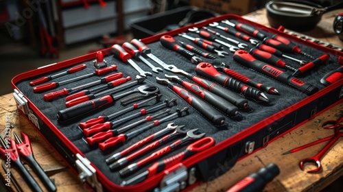 Set collection of red screwdriver work tool in open case on the wooden table closeup, handyman home repair kit toolbox