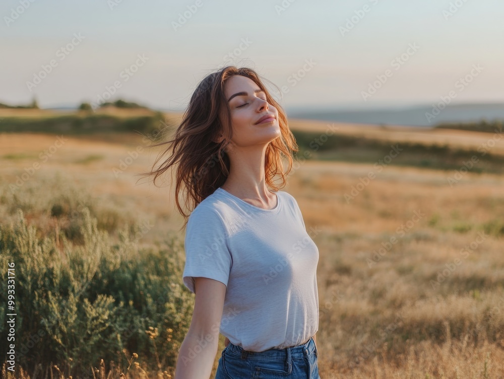 A serene woman standing in an open field, eyes closed, arms lightly raised, enjoying the fresh breeze, with copy space in the natural landscape A serene woman standing in an open field, eyes closed, arms lightly raised, enjoying the fresh breeze, with copy space in the natural landscape