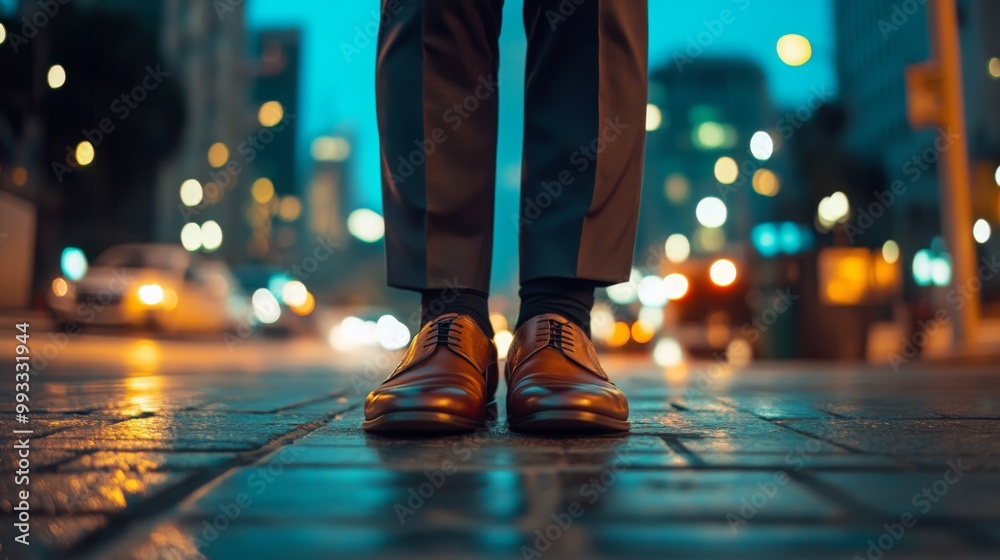 Fototapeta premium A man in formal attire is standing on a city street during twilight, showcasing his polished brown shoes. The background features soft bokeh lights from passing cars and city buildings.