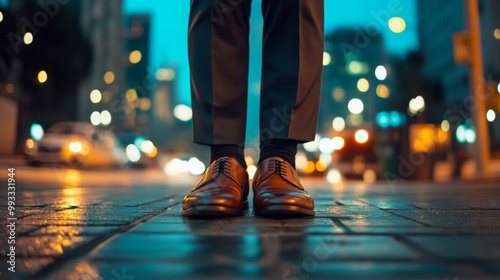 Wallpaper Mural A man in formal attire is standing on a city street during twilight, showcasing his polished brown shoes. The background features soft bokeh lights from passing cars and city buildings. Torontodigital.ca