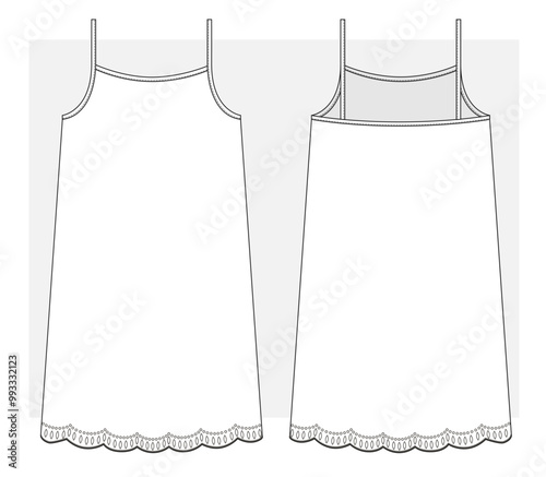Nightdress lace trimming at bottom. Technical sketch. Vector illustration.