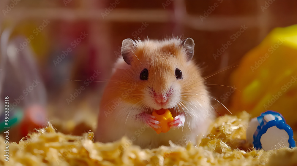 A cute hamster holds a small treat in its paws, sitting in a clean and colorful habitat surrounded by bedding and toys A cute hamster holds a small treat in its paws, sitting in a clean and colorful habitat surrounded by bedding and toys