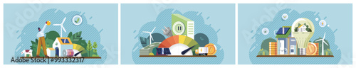 Clean energy concept. Various sustainable energy sources like wind turbines, solar panels, and energy-efficient buildings. Ideal for green technology, environmental protection, renewable energy