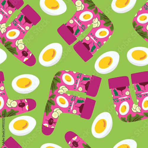 Hand drawn pair of socks. Pink soup pattern. Green background. eggs on background. Lithuanian soup.