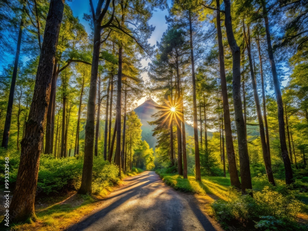 Obraz premium Gentle morning light pours through forest canopy, casting dappled shadows on winding path towards majestic peak.