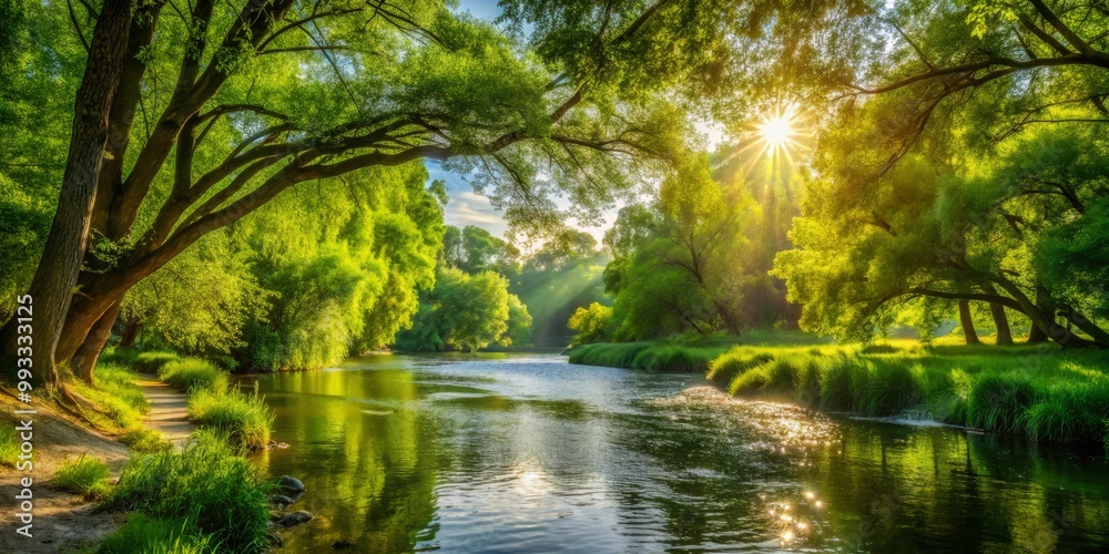 Fototapeta premium Riverbank verdant foliage sways gently in breeze as warm sunlight filters through.