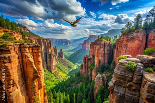 Eroded Cliffs plunge into the depths of the valley, rust-hued rock formations towering above the verdant undergrowth, a lone eagle soaring overhead.