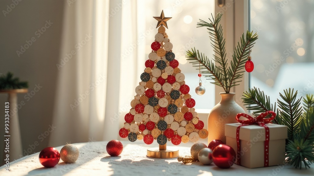 Festive Christmas tree made of jewelry, round earrings and pendants on a white background with space for text Festive Christmas tree made of jewelry, round earrings and pendants on a white background with space for text