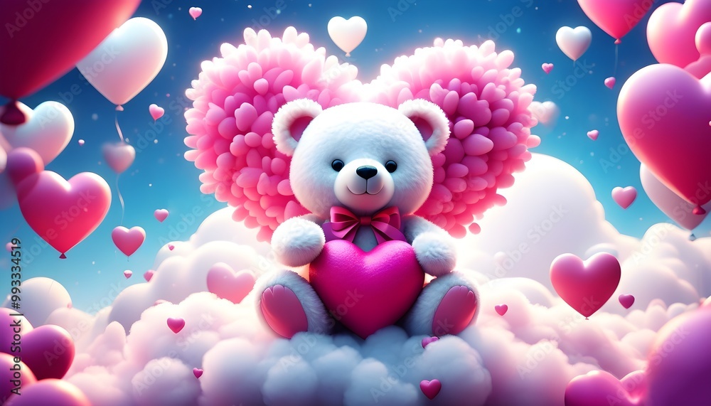 cute bear on fluffy cloud holding heart, surrounded by balloons and hearts