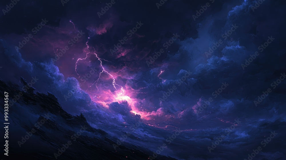 Dramatic dark skies filled with ominous clouds and flashes of lightning amidst a powerful thunderstorm Dramatic dark skies filled with ominous clouds and flashes of lightning amidst a powerful thunderstorm