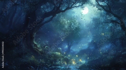 Enchanting Moonlight Forest with Glowing Lights and Flying Birds