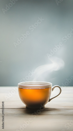 A single cup of herbal tea sits on a wooden surface with steam rising, evoking warmth and tranquility in a serene setting