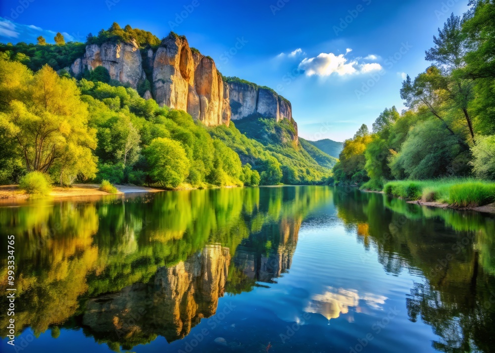 River's calm surface mirrors the vibrant hues of the surrounding landscape, with towering cliffs and lush green trees stretching up towards a cloudless blue sky, radiating a sense of tranquility. River's calm surface mirrors the vibrant hues of the surrounding landscape, with towering cliffs and lush green trees stretching up towards a cloudless blue sky, radiating a sense of tranquility.