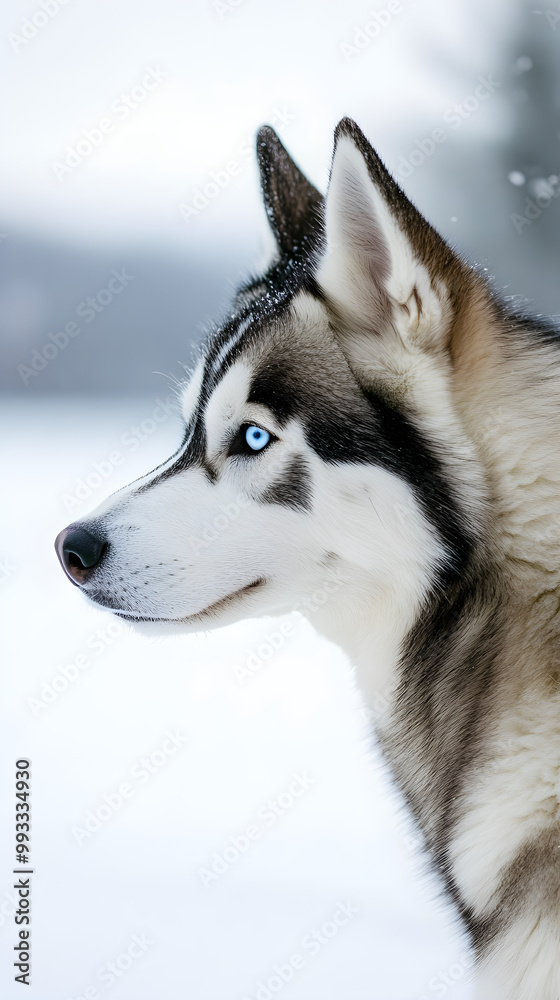 A striking profile of a Siberian husky with piercing blue eyes against a snowy backdrop highlighting its majestic features A striking profile of a Siberian husky with piercing blue eyes against a snowy backdrop highlighting its majestic features