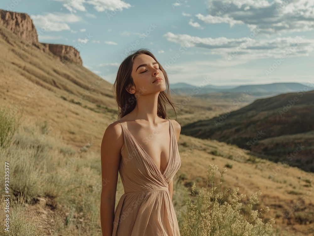 A woman in a flowing dress standing in a valley, eyes shut, basking in the tranquility of nature, with the wide-open sky for copy space A woman in a flowing dress standing in a valley, eyes shut, basking in the tranquility of nature, with the wide-open sky for copy space