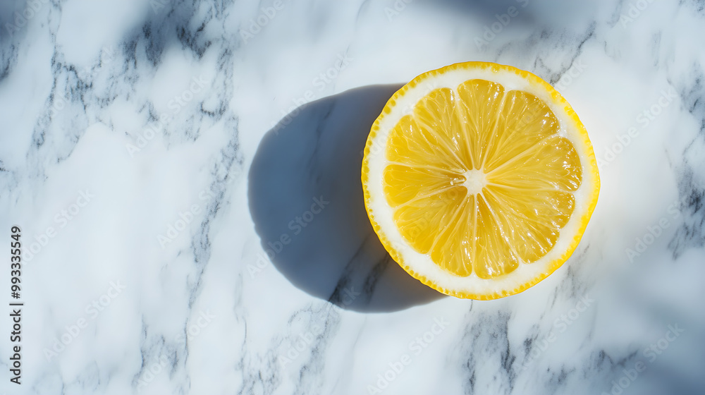 A sliced lemon rests on a marble surface, showcasing its vibrant yellow color and fresh texture with soft shadows enhancing the visual appeal A sliced lemon rests on a marble surface, showcasing its vibrant yellow color and fresh texture with soft shadows enhancing the visual appeal