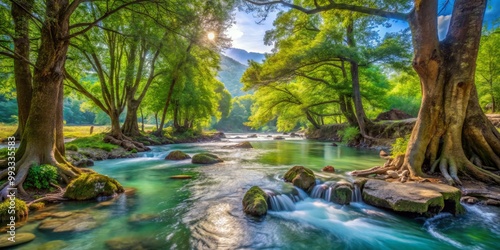 Tranquil Water flows smoothly through river valley surrounded by vibrant greenery and rustic ancient tree trunks