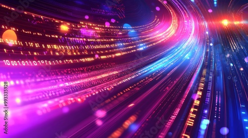 Fototapeta Naklejka Na Ścianę i Meble -  Abstract Digital Tunnel with Binary Code and Bright Lights