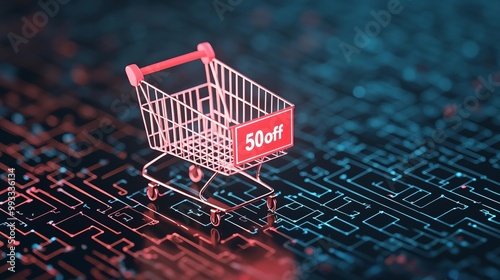 Shopping cart with discount offer on a digital background. photo