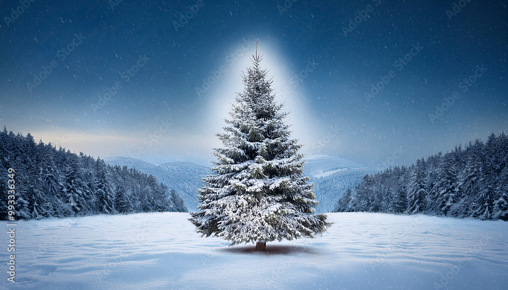 custom made wallpaper toronto digitalIn mystischem Licht strahlender Weihnachtsbaum auf einer Waldlichtung in verschneiter Winterlandschaft, Symbolbild, KI-generiertes Bild.