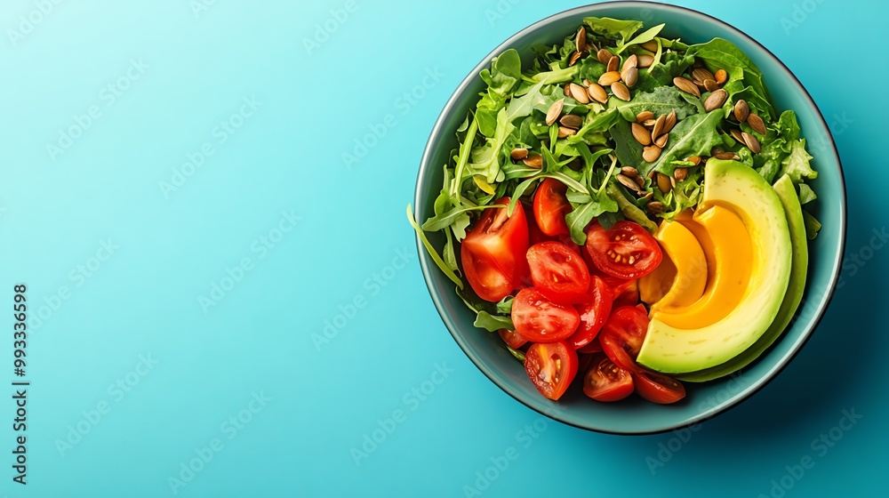Fresh salad bowl with tomatoes, avocado, and greens on a vibrant blue background. Fresh salad bowl with tomatoes, avocado, and greens on a vibrant blue background.