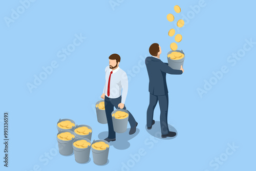 Isometric man catches coins in a bucket. Lots of money. Success in investing, business, lottery. Success, remote work. Earning, spending and saving money concept