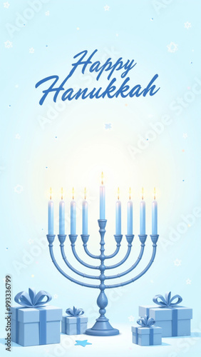 Elegant Hanukkah celebration with menorah and blue gifts