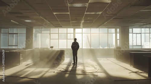 Businessman standing alone in an empty office, reflecting on closure, void of furniture, sunlight streaming through windows, capturing poignant moment of transition and loss