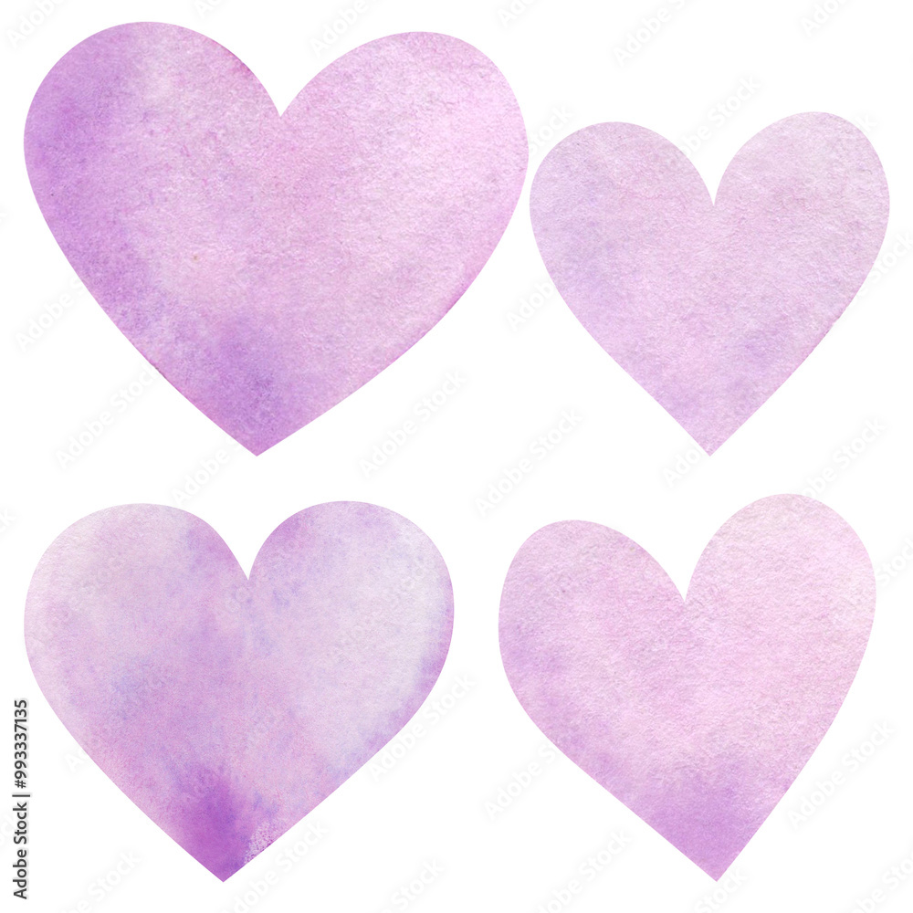 Purple watercolor hearts. Isolation on a white background. Hearts in watercolor Purple watercolor hearts. Isolation on a white background. Hearts in watercolor
