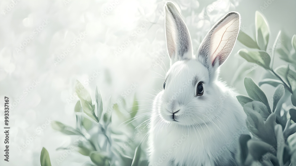 Minimalistic portrait of a rabbit surrounded by soft foliage and gentle lighting giving a serene and peaceful feel Minimalistic portrait of a rabbit surrounded by soft foliage and gentle lighting giving a serene and peaceful feel