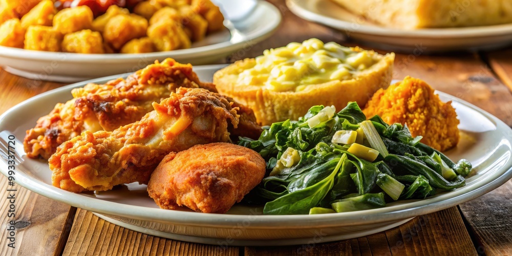 Delicious Soul Food Plate Featuring Fried Chicken, Collard Greens, Macaroni and Cheese, and Cornbread Delicious Soul Food Plate Featuring Fried Chicken, Collard Greens, Macaroni and Cheese, and Cornbread
