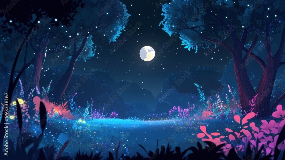 Obraz premium Enchanted Forest Nighttime Landscape with Full Moon, Stars, and Glowing Flowers.